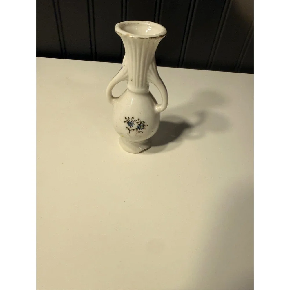 Vintage Miniature Porcelain Bud Vase Double Handle Floral Gold Trim Japan 4 Inch